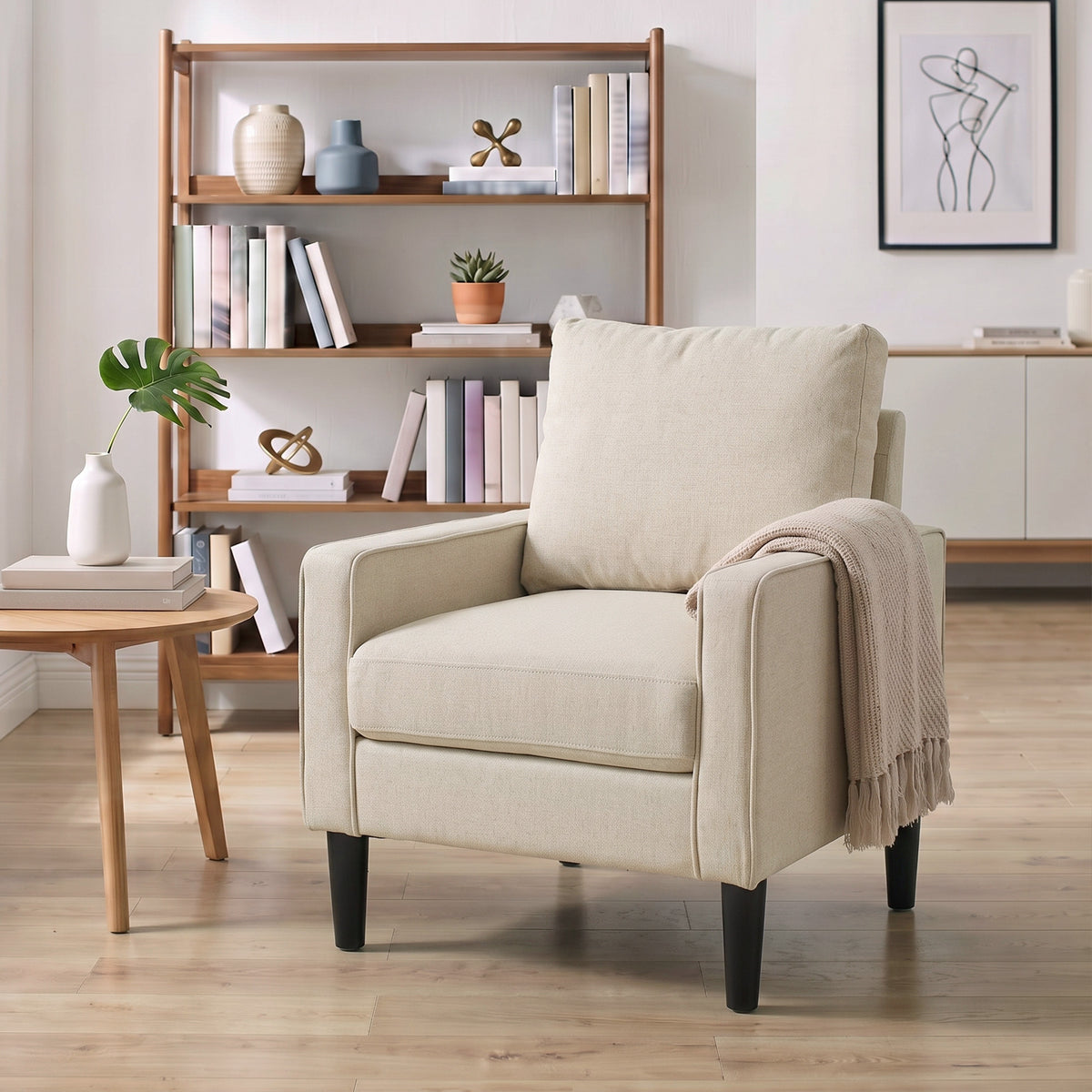 Linen Fabric Accent Chair 68cm Wide With Cushion - Velmora