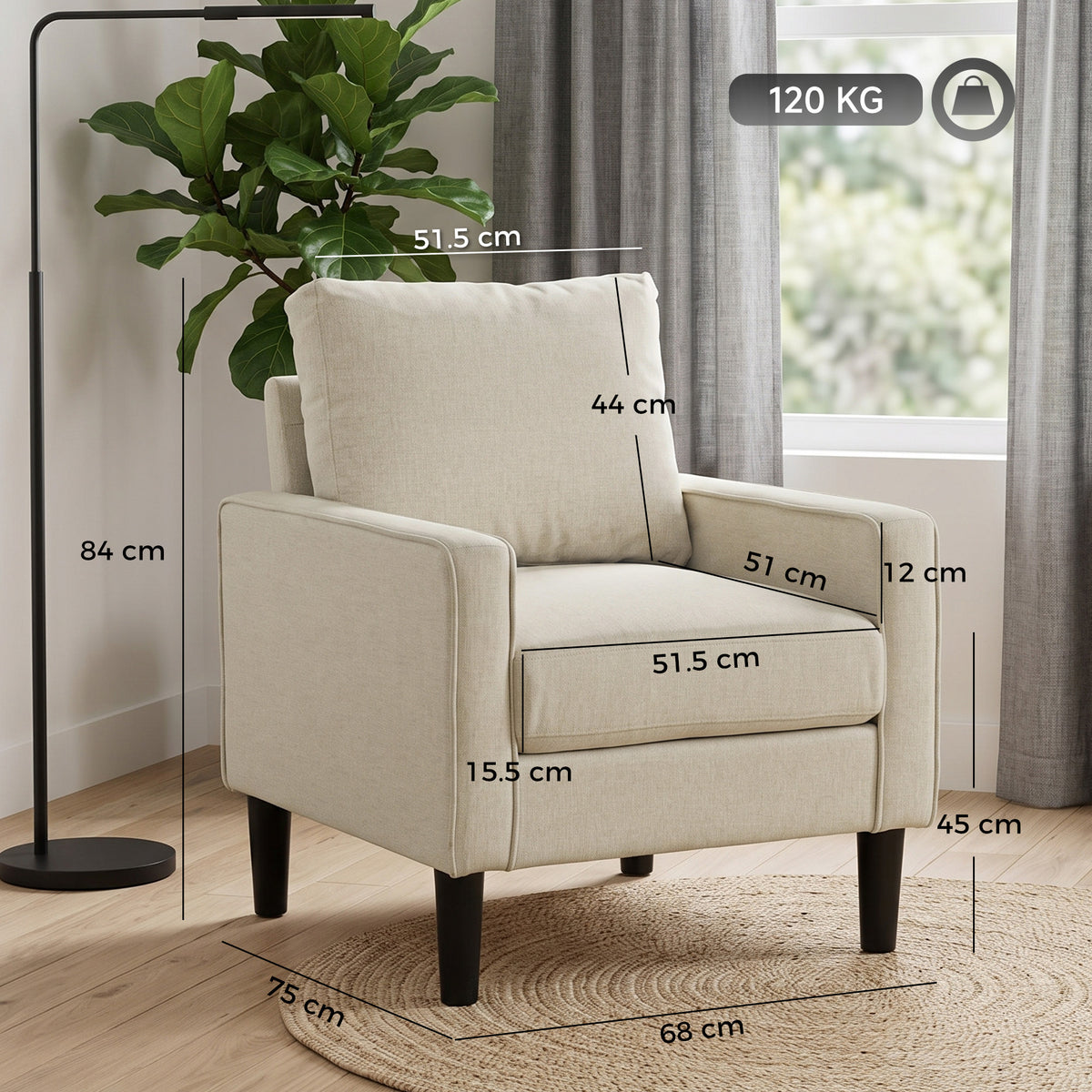 Linen Fabric Accent Chair 68cm Wide With Cushion - Velmora