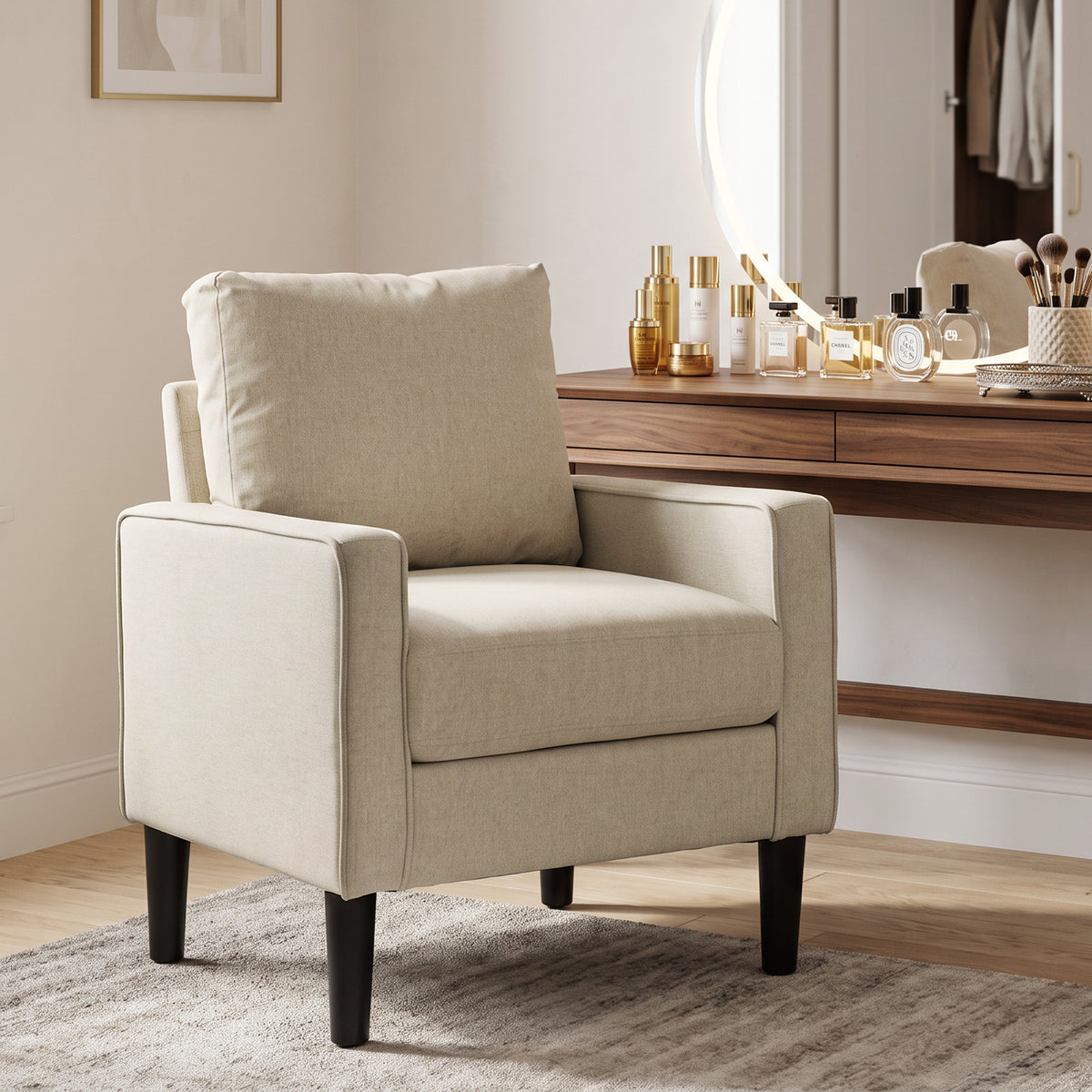 Linen Fabric Accent Chair 68cm Wide With Cushion - Velmora