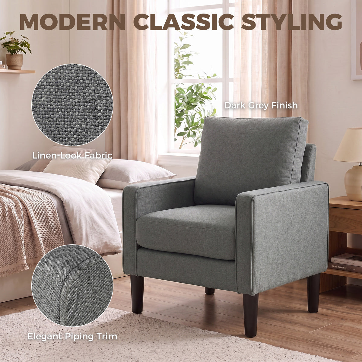 Linen Fabric Accent Chair 68cm Wide With Cushion - Velmora