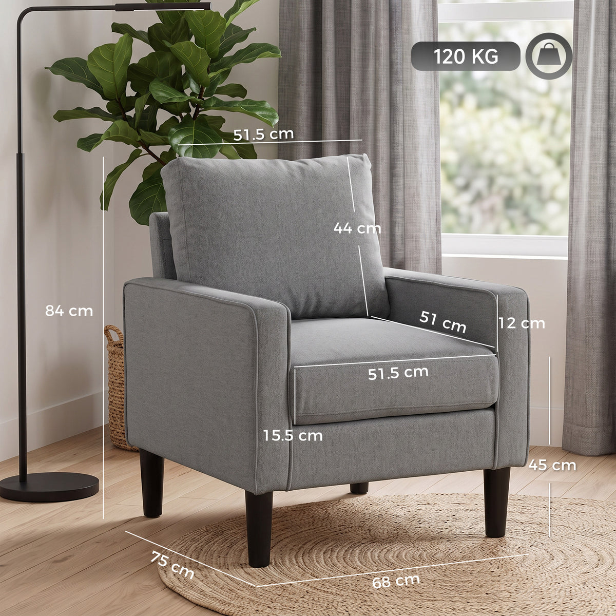 Linen Fabric Accent Chair 68cm Wide With Cushion - Velmora