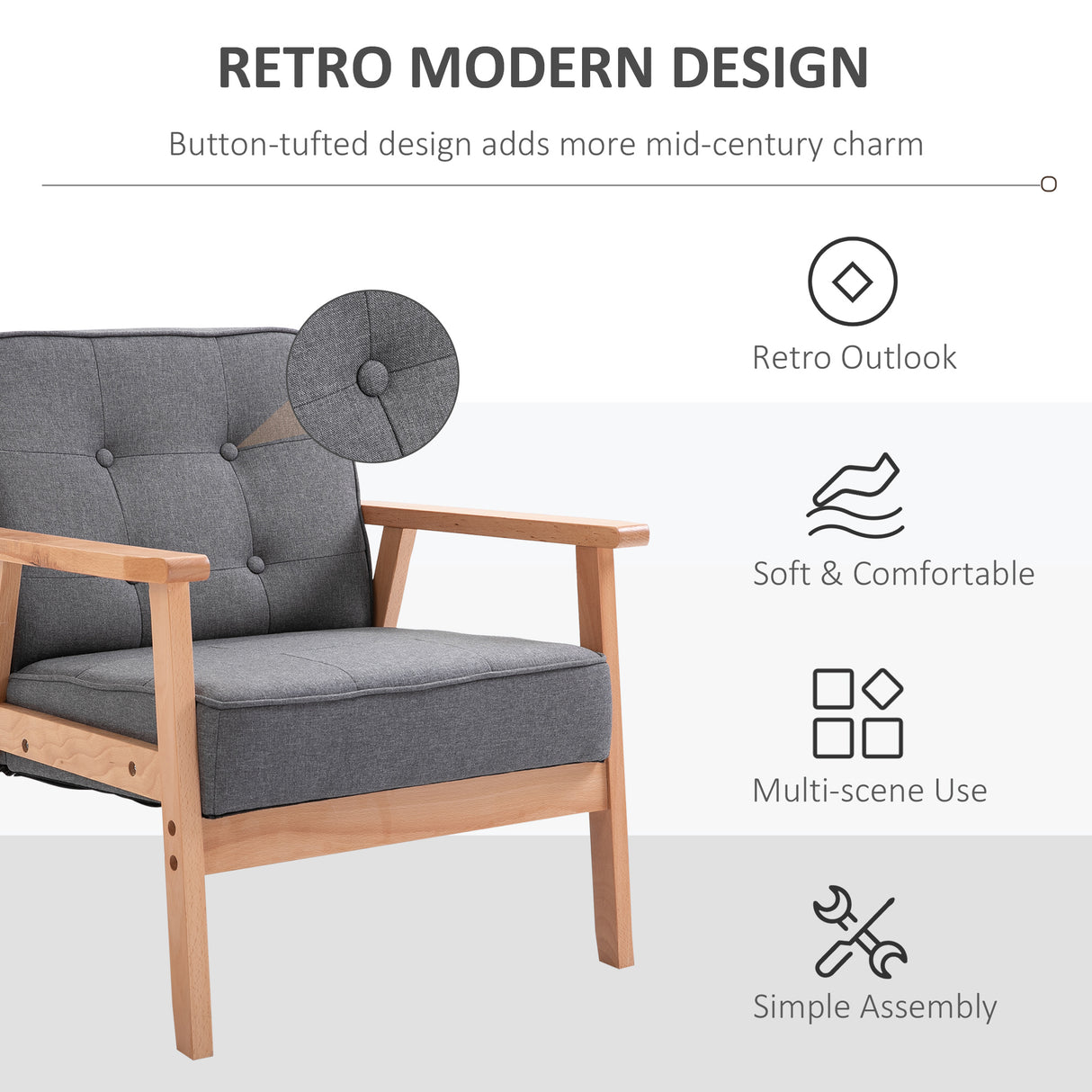 Linen Fabric Accent Chair 69cm Wide With Wooden Frame - Velmora