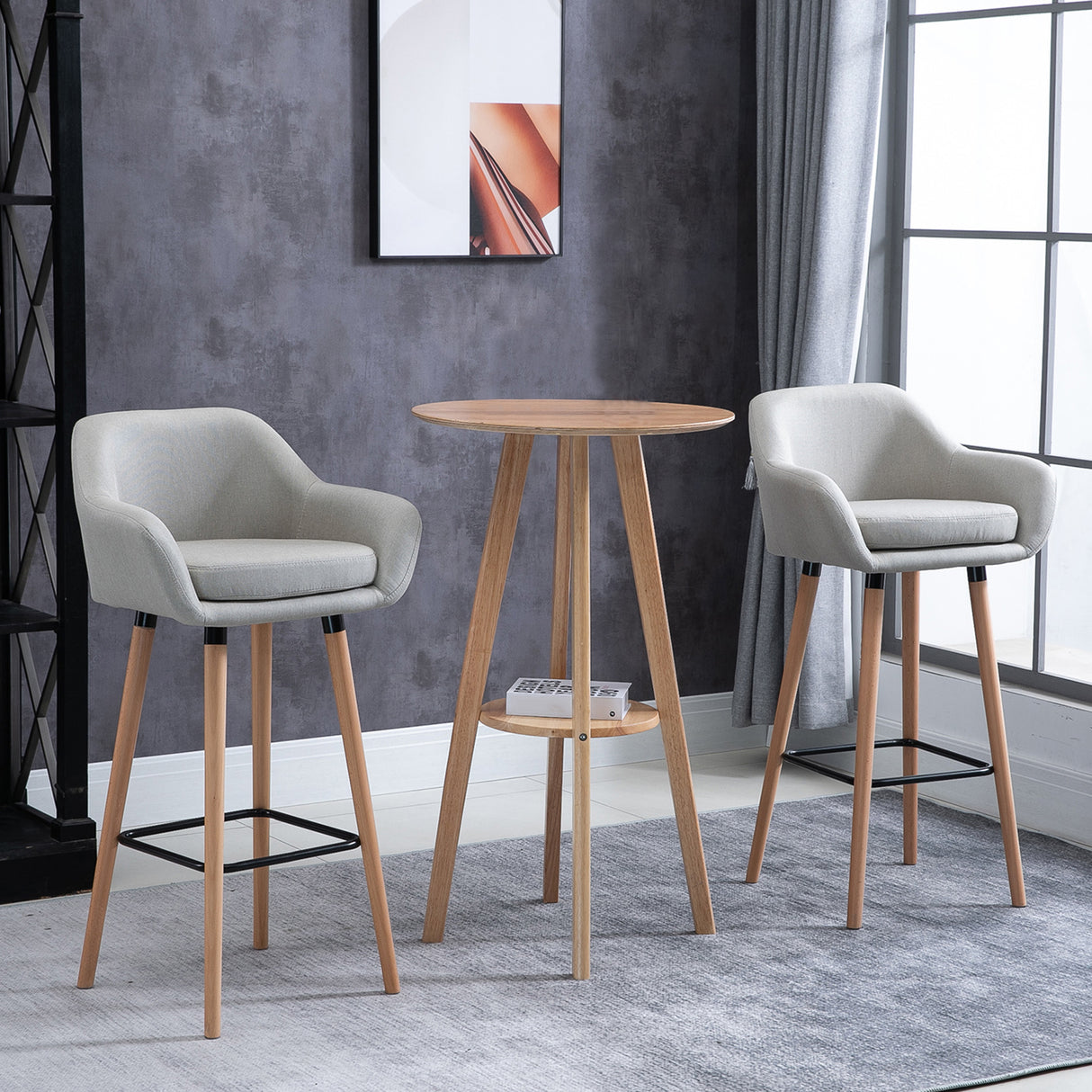 Linen Fabric Bar Chairs in Set Of 2 With Solid Wood Legs - Velmora