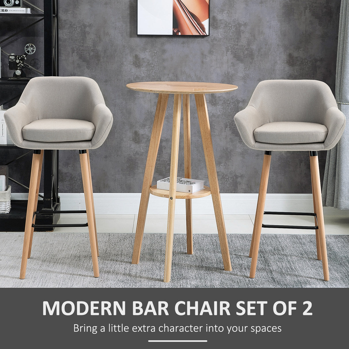 Linen Fabric Bar Chairs in Set Of 2 With Solid Wood Legs - Velmora