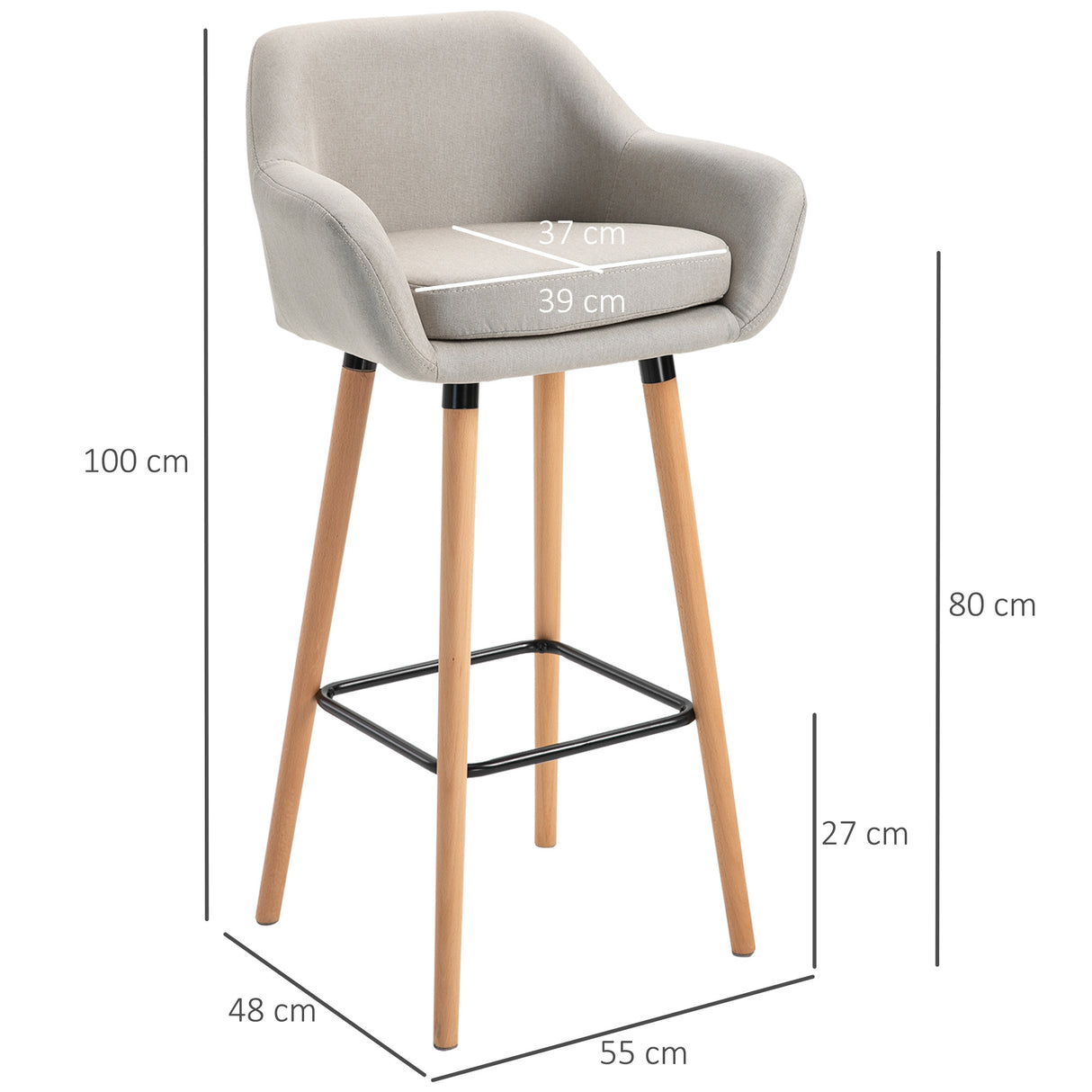 Linen Fabric Bar Chairs in Set Of 2 With Solid Wood Legs - Velmora