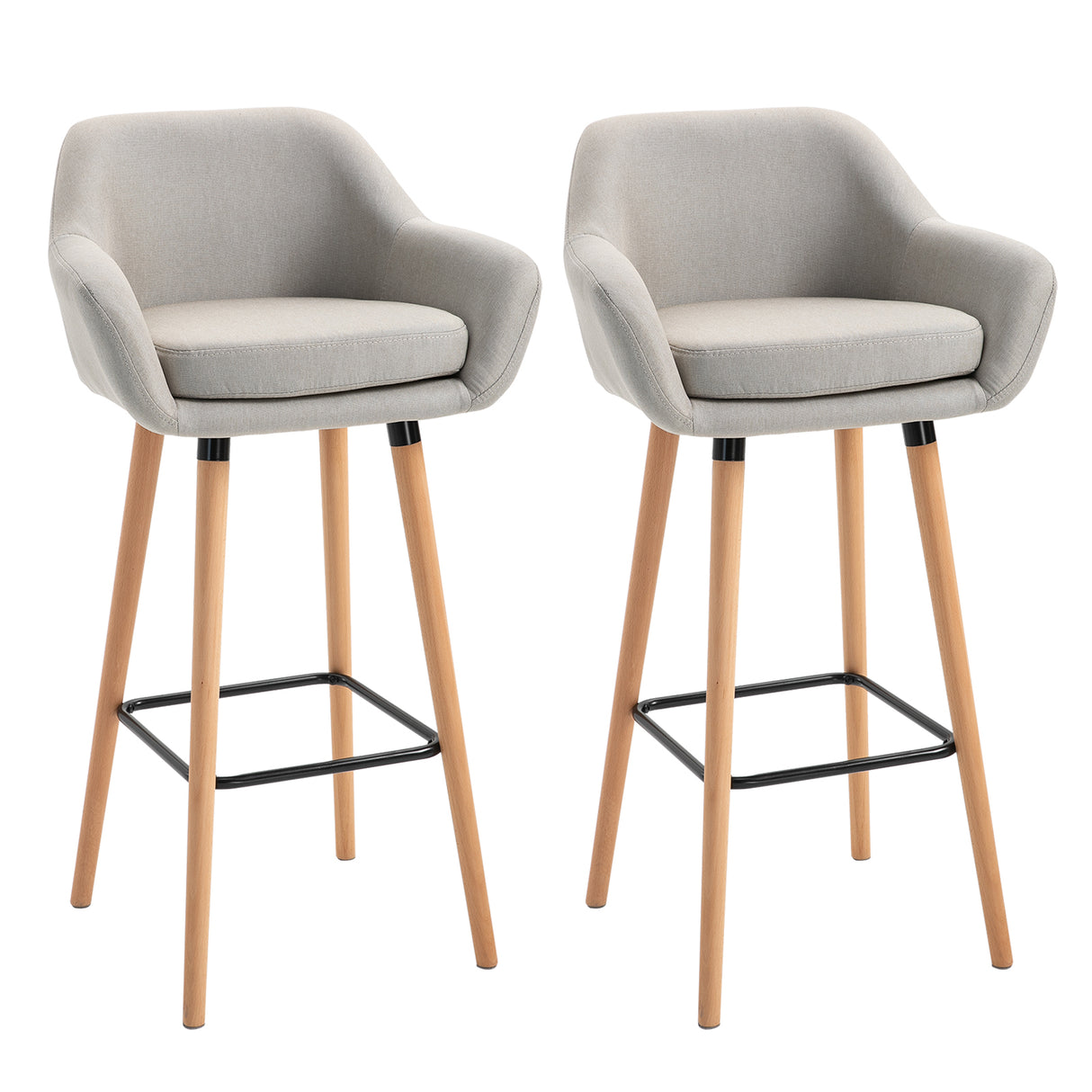 Linen Fabric Bar Chairs in Set Of 2 With Solid Wood Legs - Velmora