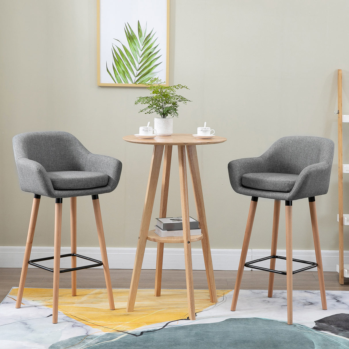Linen Fabric Bar Chairs in Set Of 2 With Solid Wood Legs - Velmora