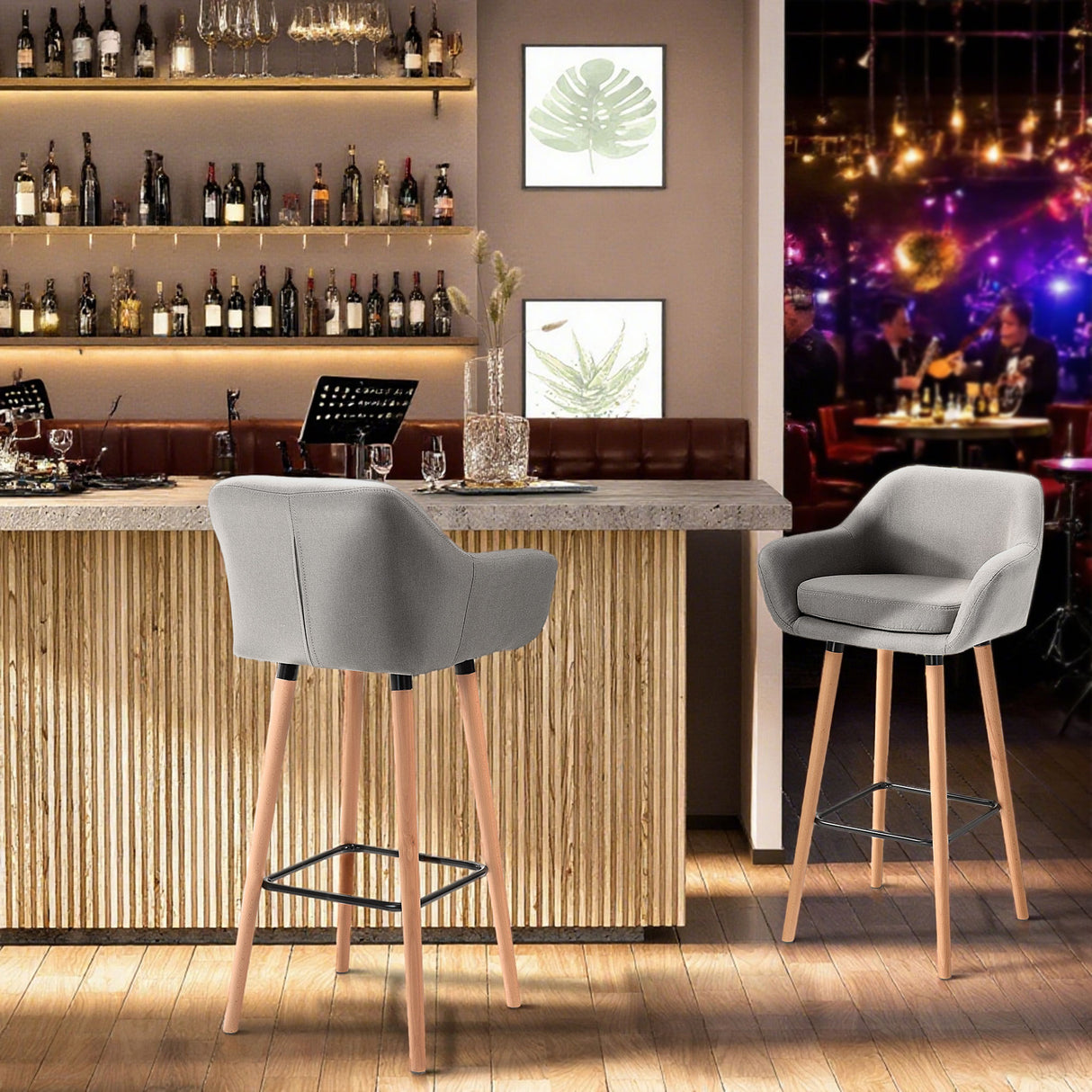 Linen Fabric Bar Chairs in Set Of 2 With Solid Wood Legs - Velmora
