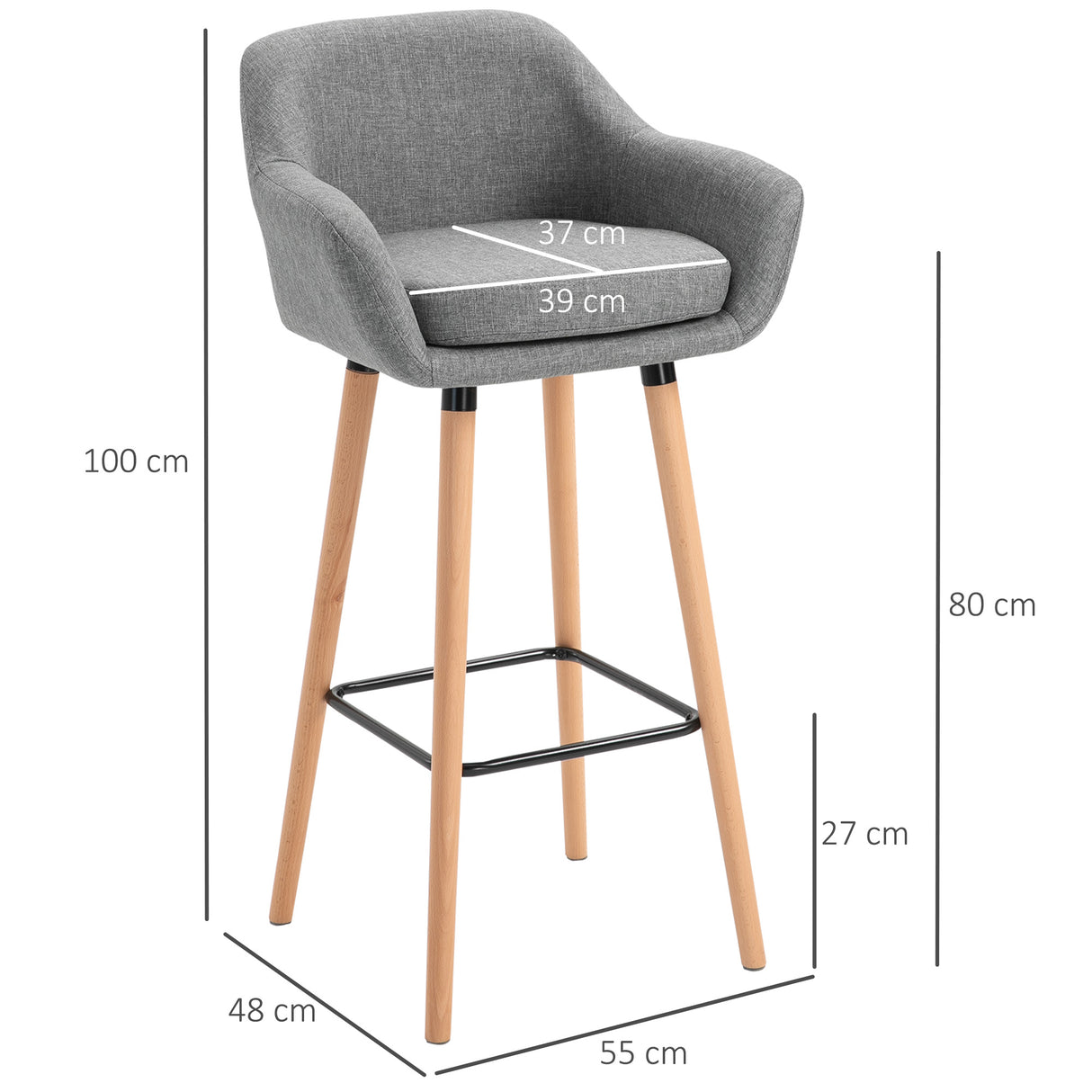 Linen Fabric Bar Chairs in Set Of 2 With Solid Wood Legs - Velmora
