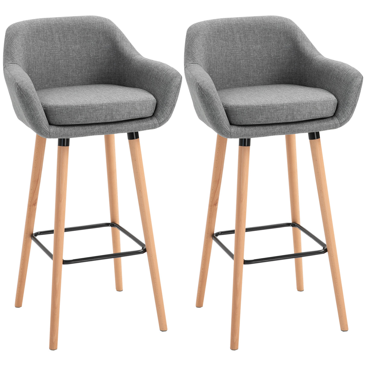 Linen Fabric Bar Chairs in Set Of 2 With Solid Wood Legs - Velmora