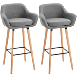 Linen Fabric Bar Chairs in Set Of 2 With Solid Wood Legs - Velmora