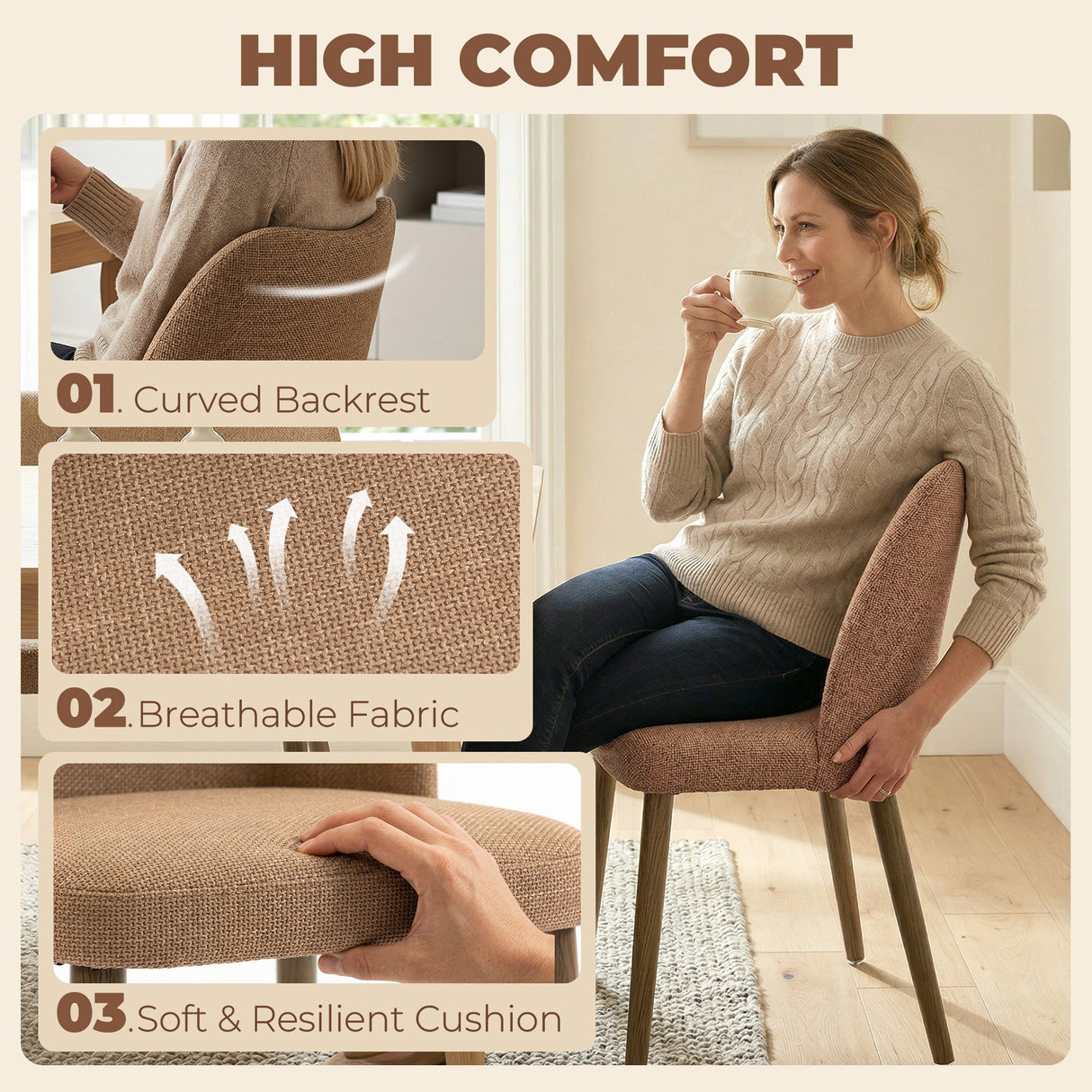 Linen Fabric Dining Chairs in Set Of 2 With Rubberwood Legs - Velmora