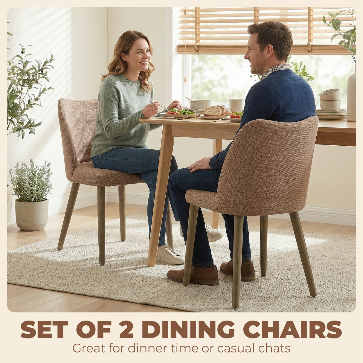 Linen Fabric Dining Chairs in Set Of 2 With Rubberwood Legs - Velmora