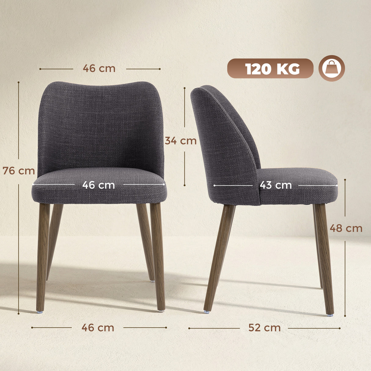Linen Fabric Dining Chairs in Set Of 2 With Rubberwood Legs - Velmora