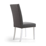 Linen Fabric Dining Chairs in Set Of 2 With Stud Details And White Legs - Randall