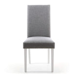 Linen Fabric Dining Chairs in Set Of 2 With Stud Details And White Legs - Randall