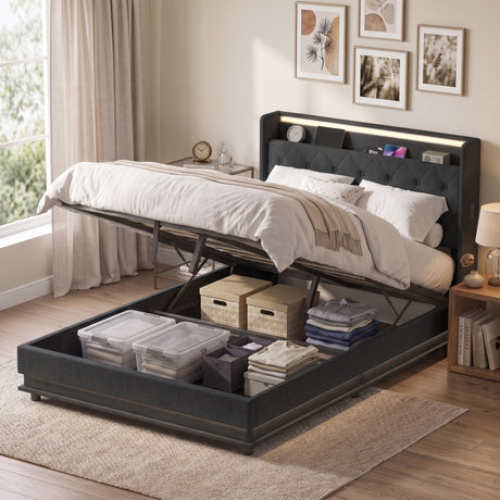 Linen Fabric Double Bed 142cm Wide With LED Lights - Velmora