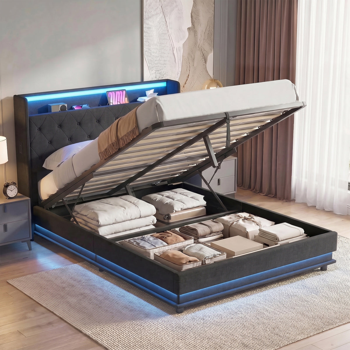 Linen Fabric Double Bed 142cm Wide With LED Lights - Velmora