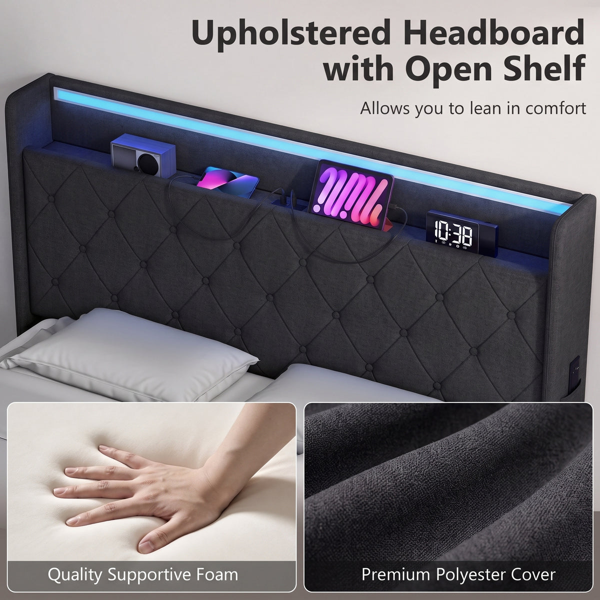 Linen Fabric Double Bed 142cm Wide With LED Lights - Velmora