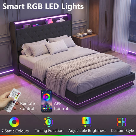 Linen Fabric Double Bed 142cm Wide With LED Lights - Velmora