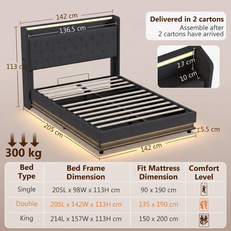 Linen Fabric Double Bed 142cm Wide With LED Lights - Velmora