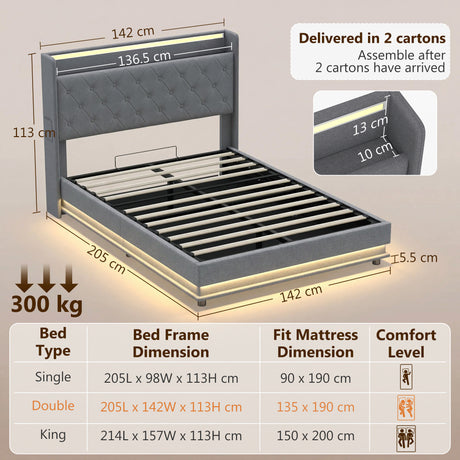 Linen Fabric Double Bed 142cm Wide With LED Lights - Velmora