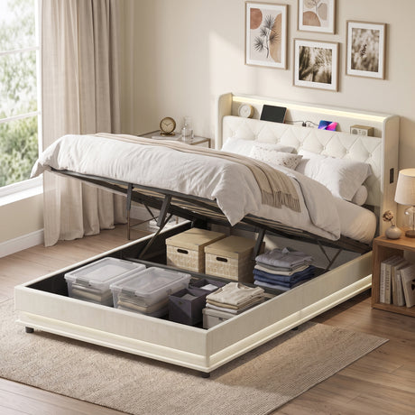 Linen Fabric Double Bed 142cm Wide With LED Lights - Velmora
