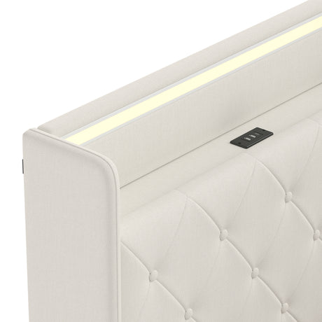 Linen Fabric Double Bed 142cm Wide With LED Lights - Velmora