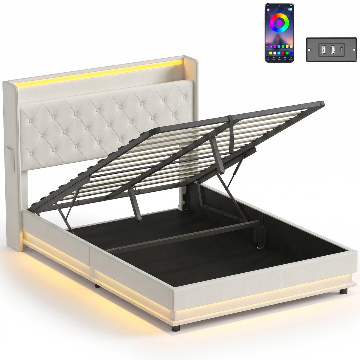 Linen Fabric Double Bed 142cm Wide With LED Lights - Velmora