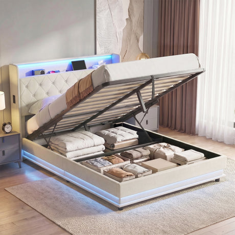Linen Fabric Double Bed 142cm Wide With LED Lights - Velmora