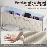 Linen Fabric Double Bed 142cm Wide With LED Lights - Velmora