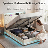 Linen Fabric Double Bed 142cm Wide With LED Lights - Velmora