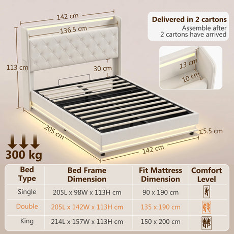 Linen Fabric Double Bed 142cm Wide With LED Lights - Velmora