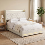 Linen Fabric Double Bed 142cm Wide With LED Lights - Velmora