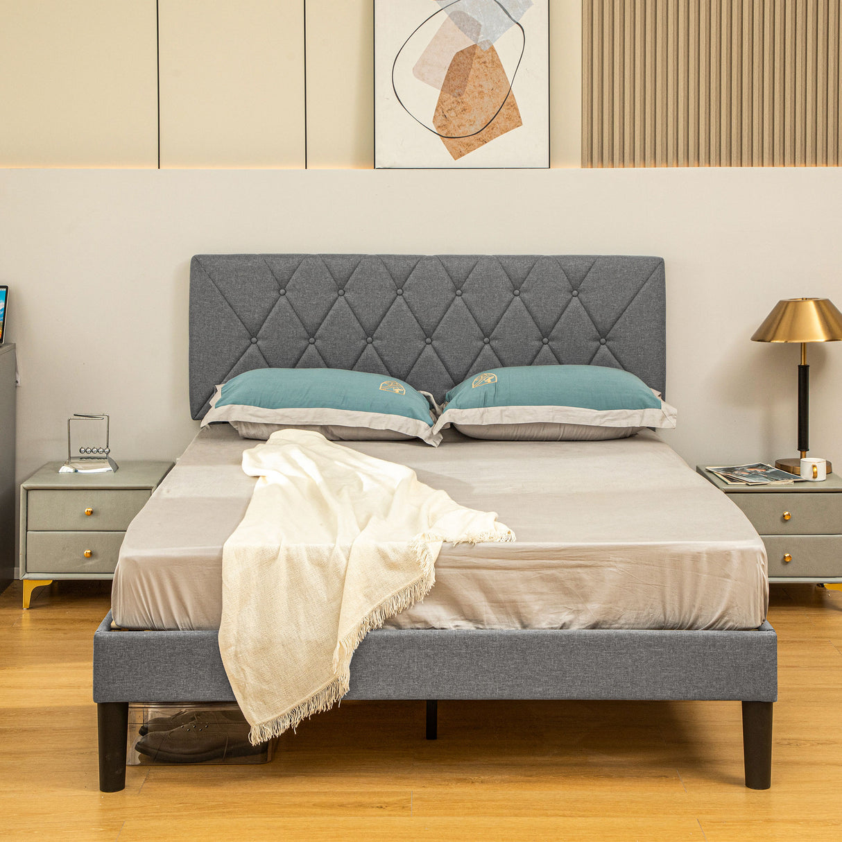 Linen Fabric Double Bed 145cm Wide - Velmora