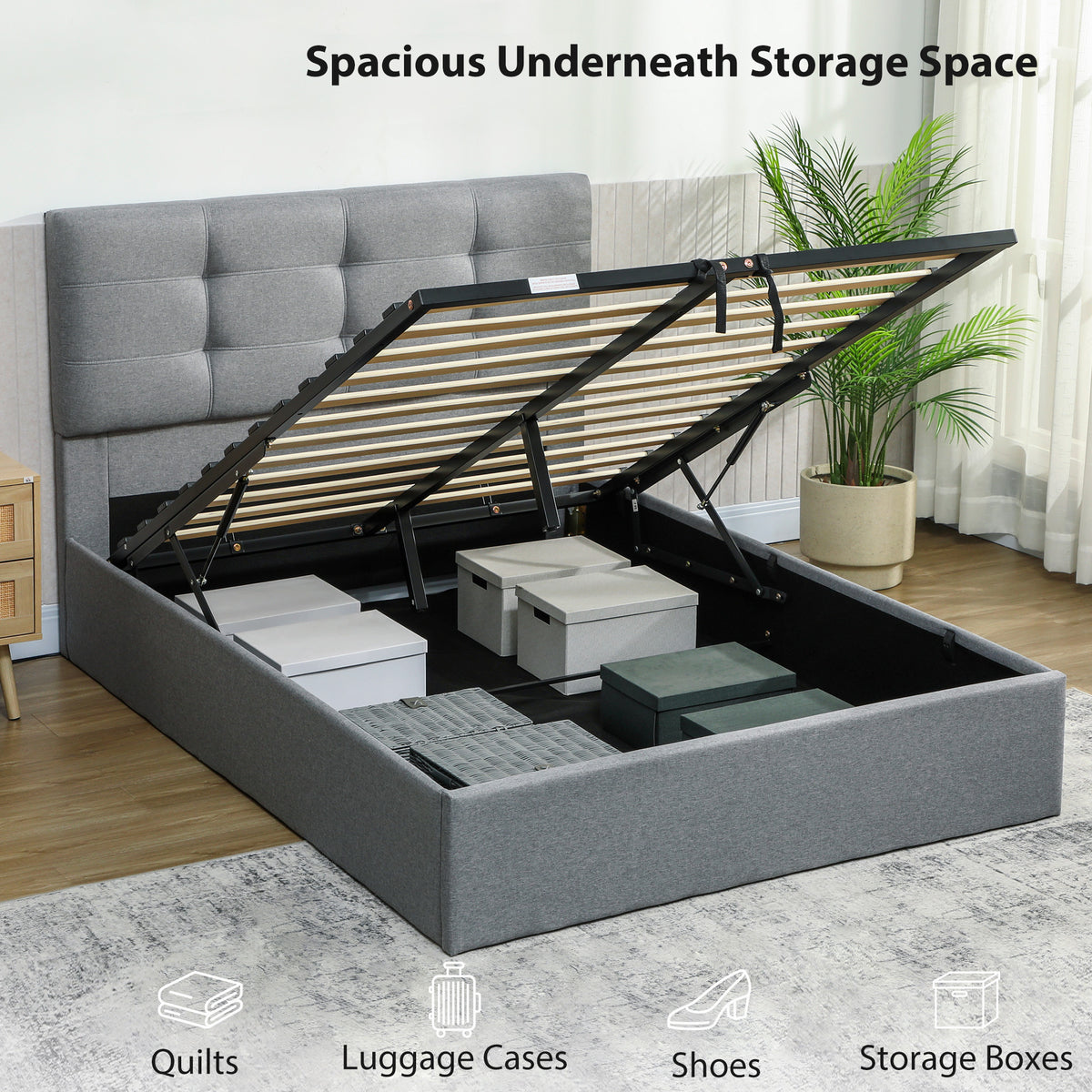 Linen Fabric Double Ottoman Storage Bed 141cm Wide - Velmora