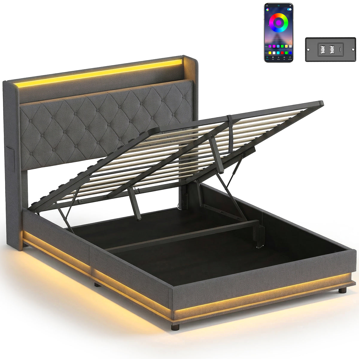 Linen Fabric Double Ottoman Storage Bed 142cm Wide With LED Lights - Velmora