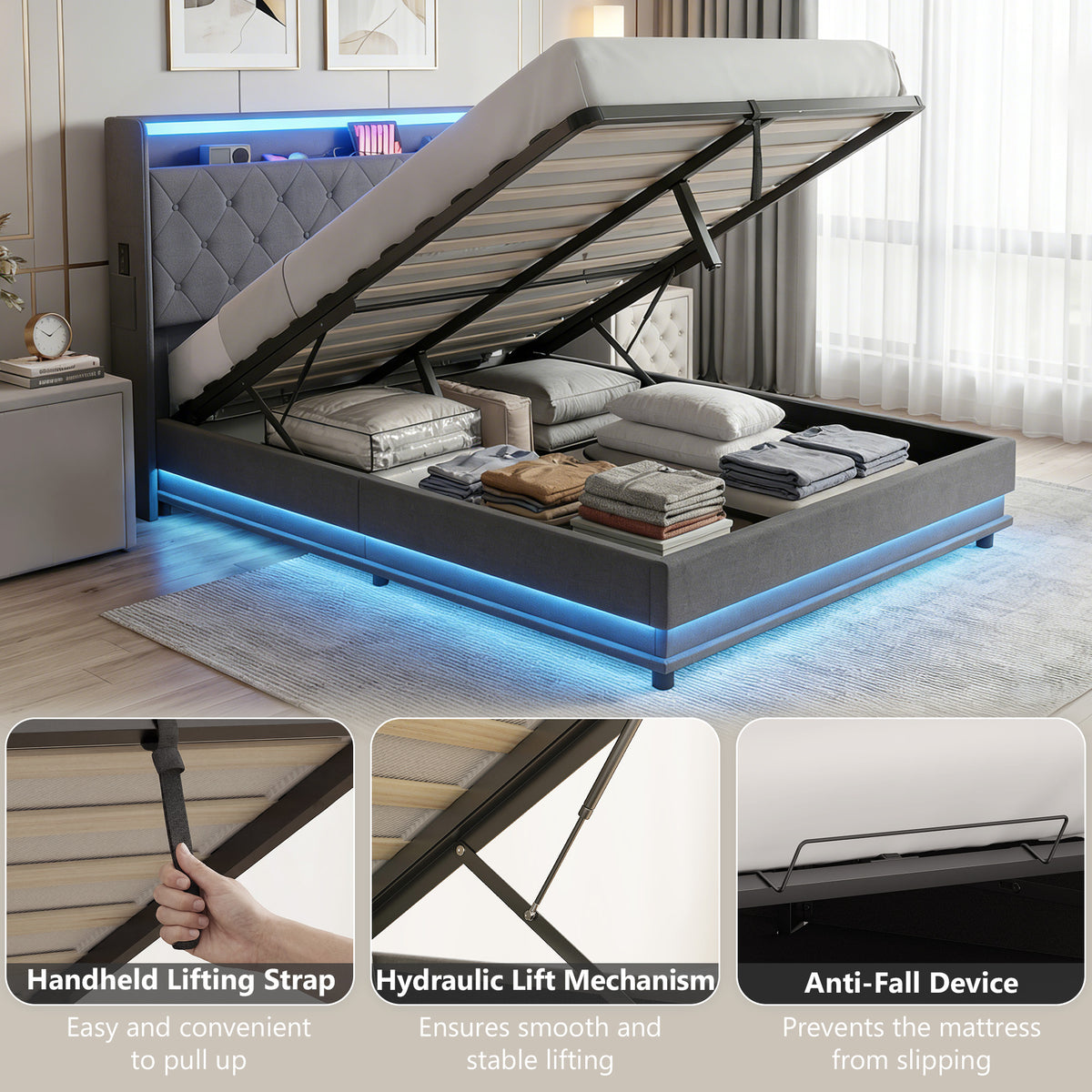 Linen Fabric Double Ottoman Storage Bed 142cm Wide With LED Lights - Velmora