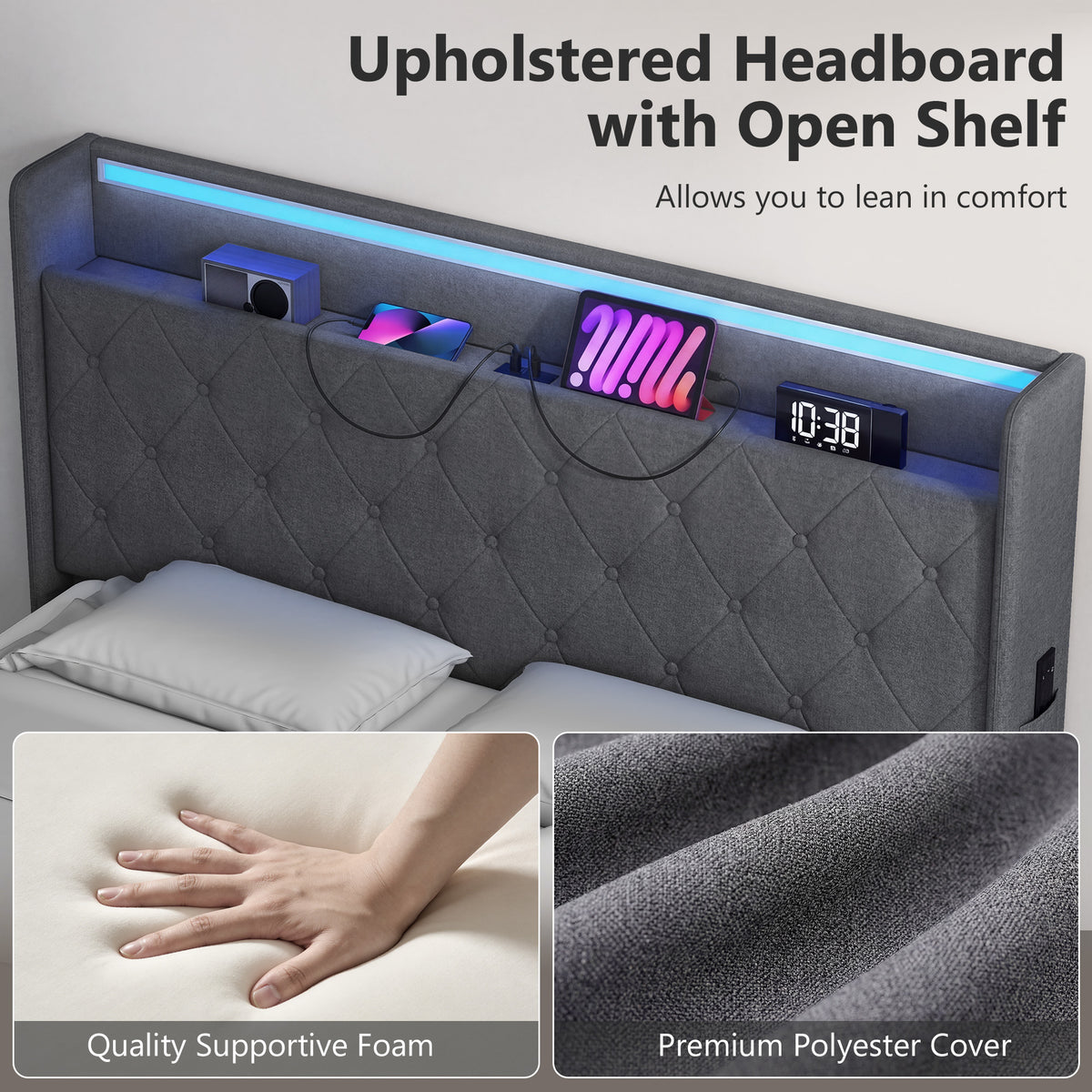 Linen Fabric Double Ottoman Storage Bed 142cm Wide With LED Lights - Velmora