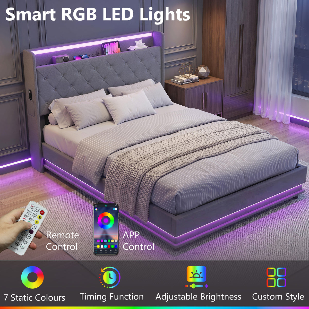 Linen Fabric Double Ottoman Storage Bed 142cm Wide With LED Lights - Velmora