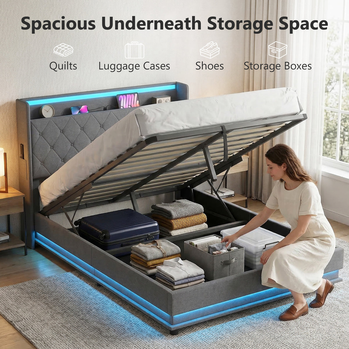 Linen Fabric Double Ottoman Storage Bed 142cm Wide With LED Lights - Velmora