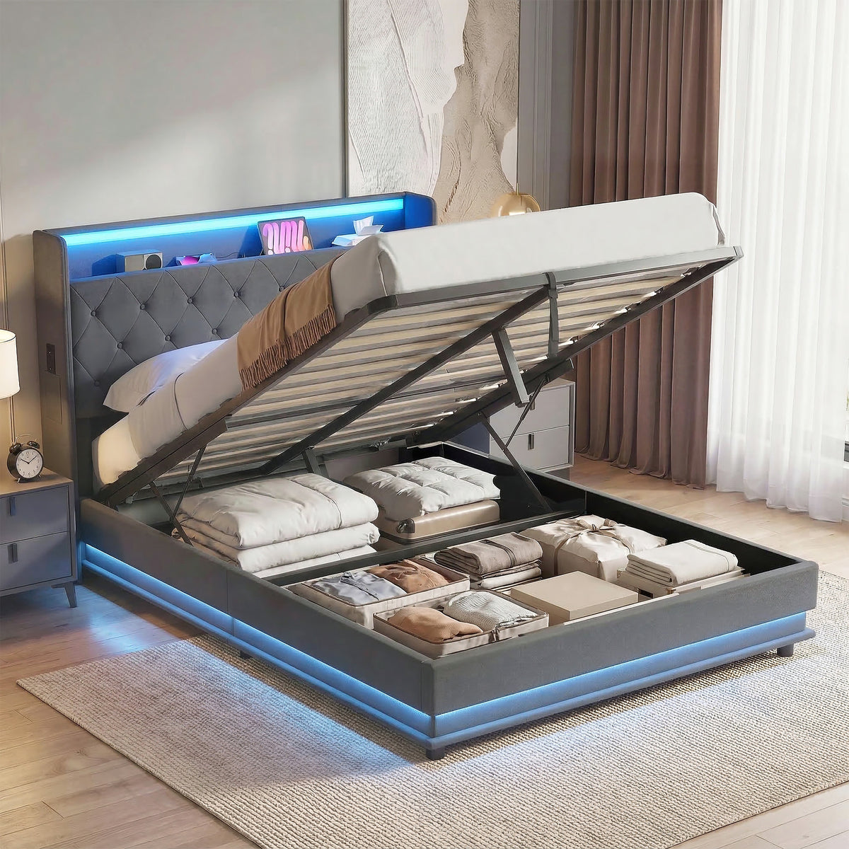 Linen Fabric Double Ottoman Storage Bed 142cm Wide With LED Lights - Velmora