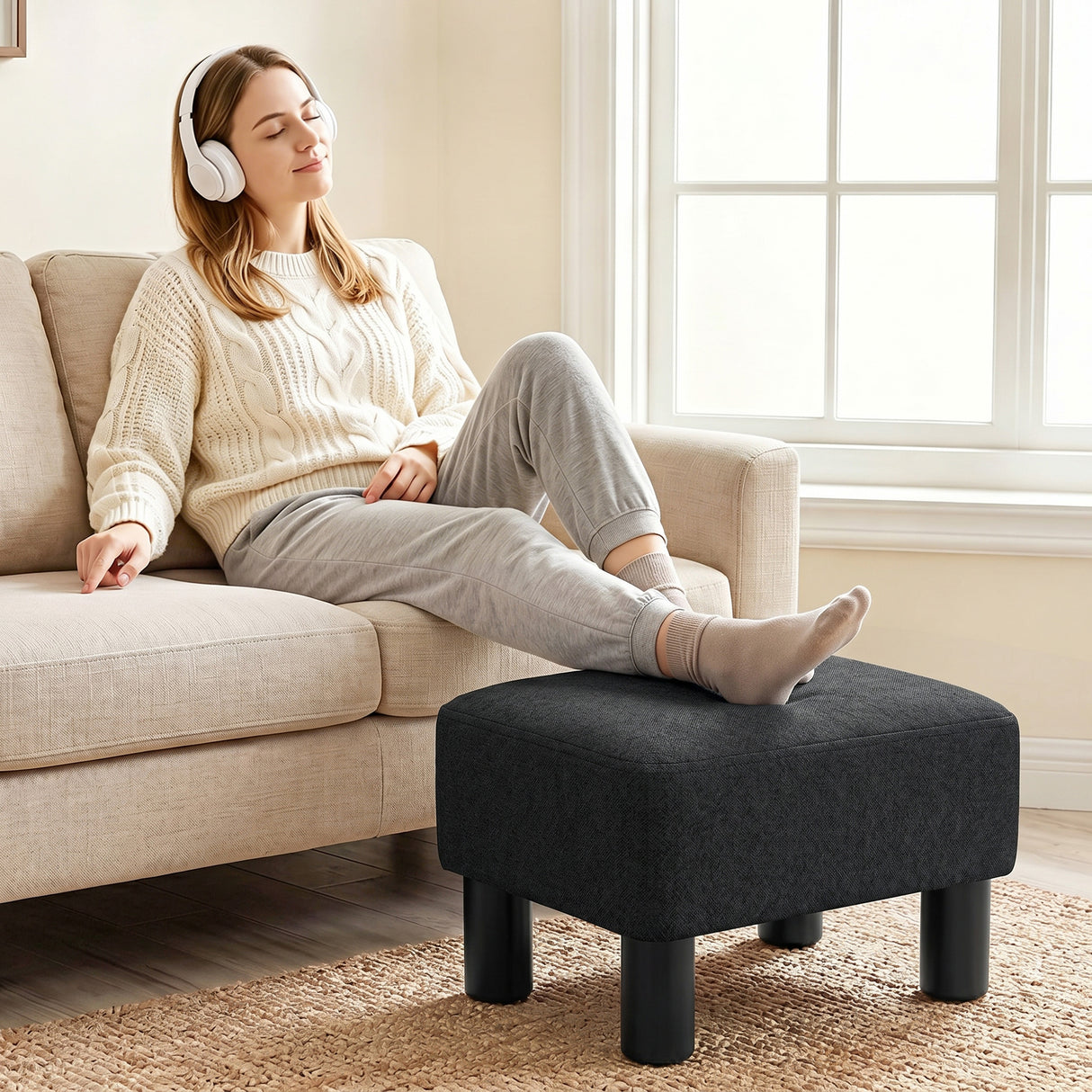 Linen Fabric Footstool 40cm Wide With Plastic Legs - Velmora