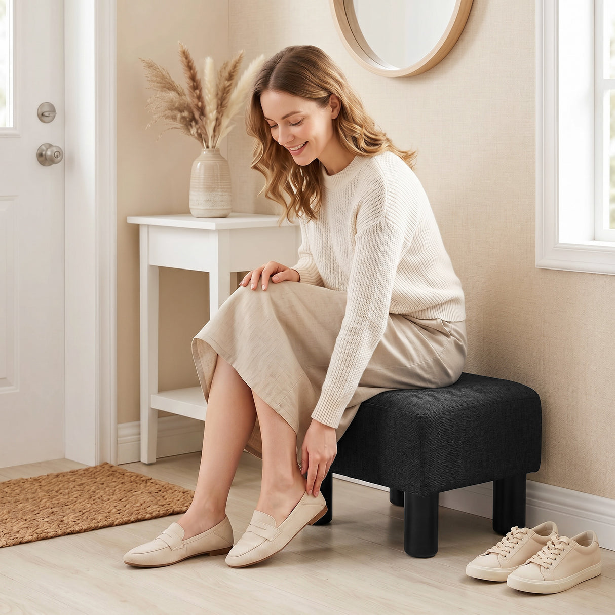Linen Fabric Footstool 40cm Wide With Plastic Legs - Velmora