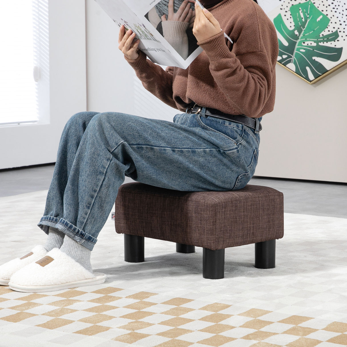 Linen Fabric Footstool 40cm Wide With Plastic Legs - Velmora
