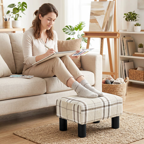 Linen Fabric Footstool 40cm Wide With Plastic Legs - Velmora