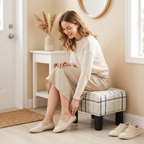 Linen Fabric Footstool 40cm Wide With Plastic Legs - Velmora