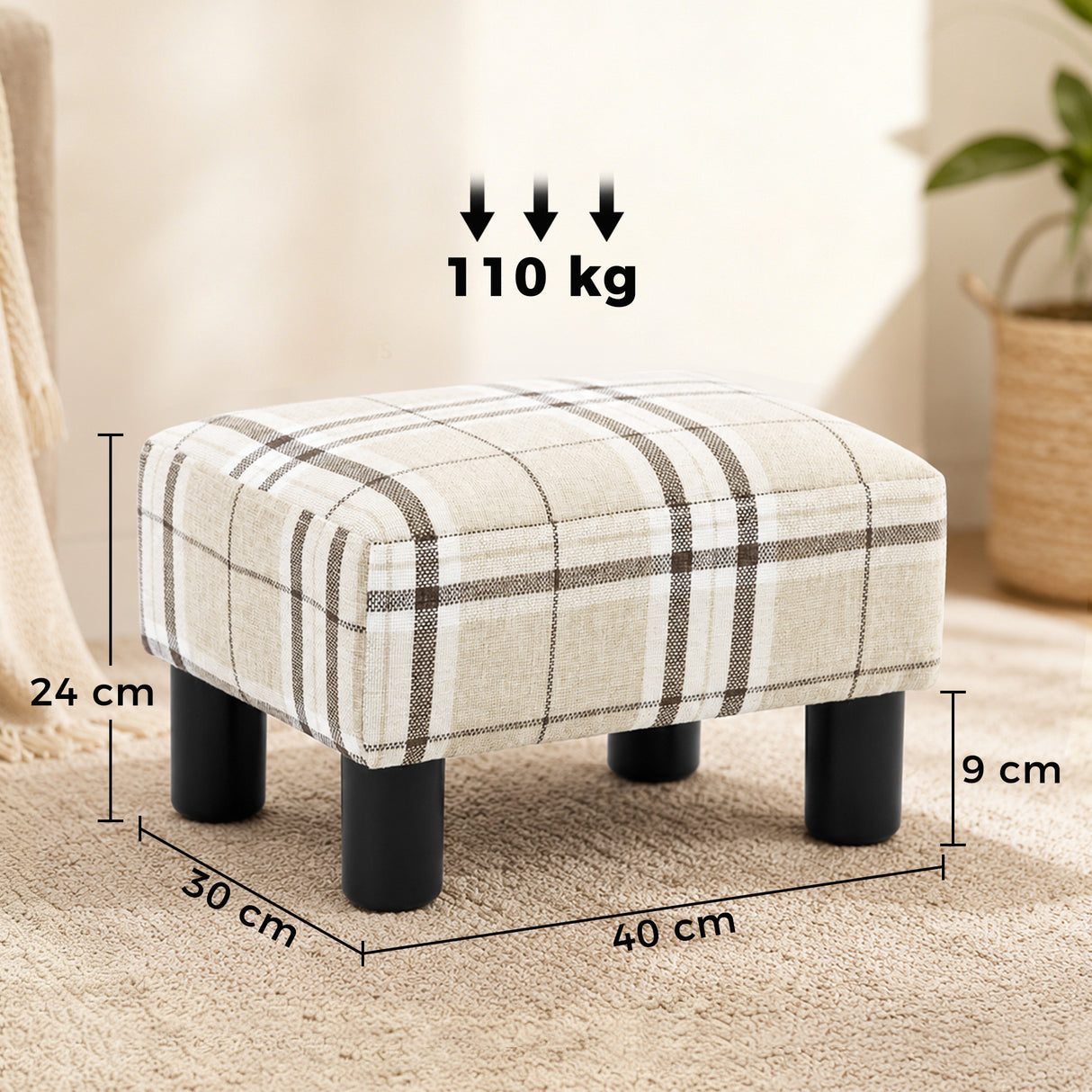 Linen Fabric Footstool 40cm Wide With Plastic Legs - Velmora