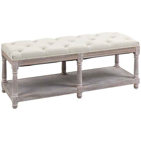 Linen Fabric Hallway Seating Bench 115cm Wide With Wooden Frame And Storage Shelf - Velmora
