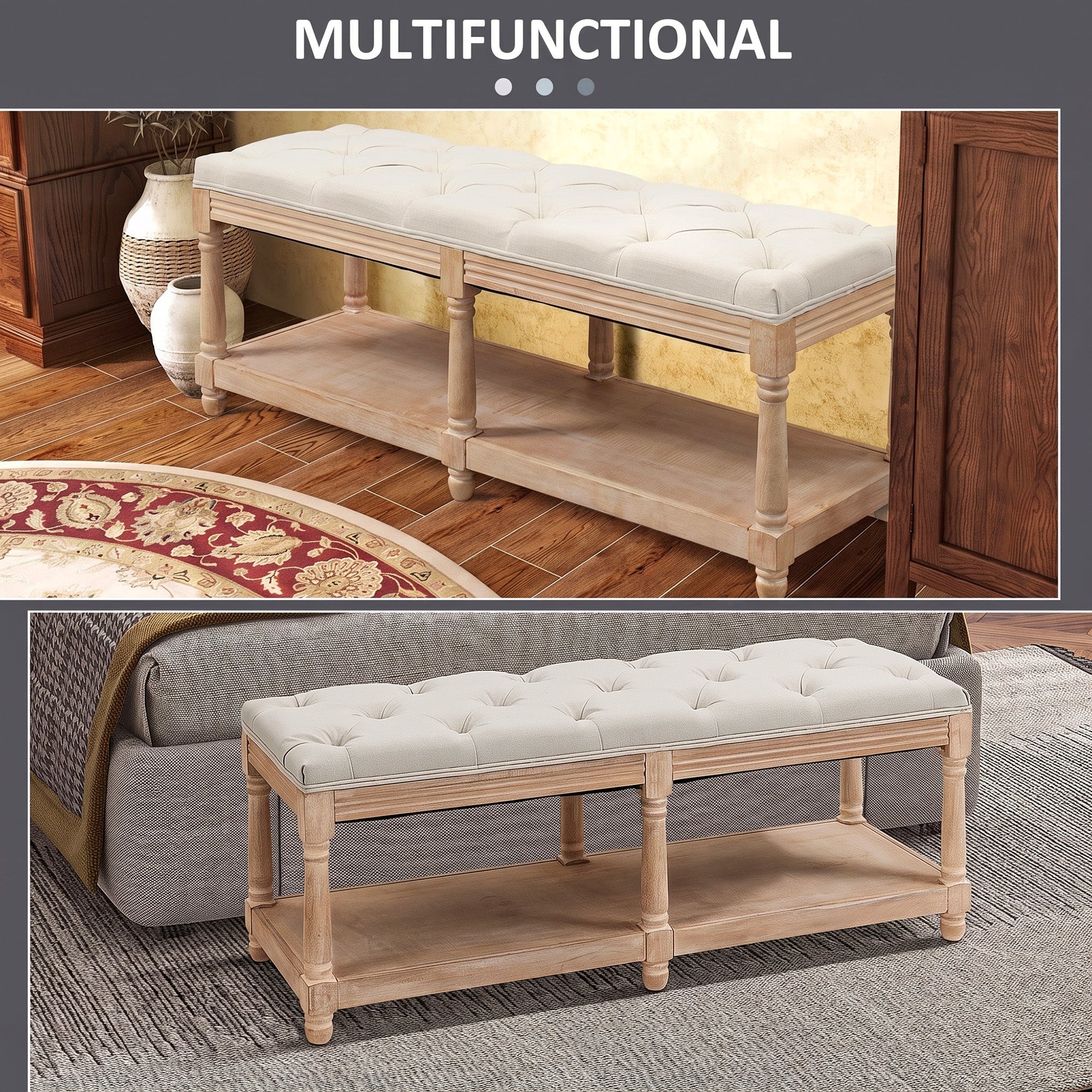 Linen Fabric Hallway Seating Bench 115cm Wide With Wooden Frame And Storage Shelf - Velmora